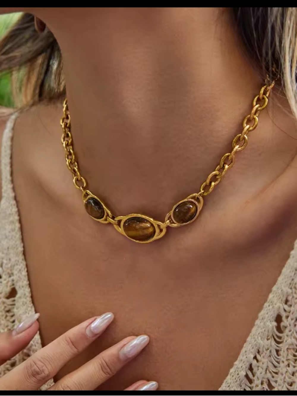 Gold Chain Necklace with Brown Gem Accents - - Picture 2 of 6
